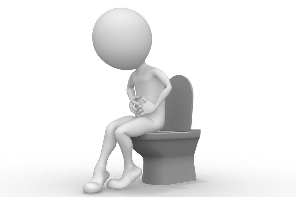 3D man with Intestinal problems sitting on the toilet